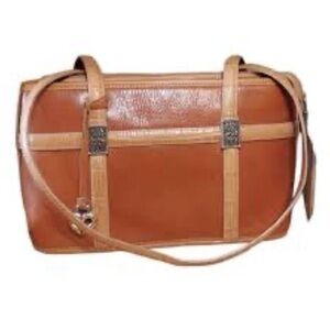 Brighton Shoulder Handbag Vintage Russet Brown Leather Croc Trim Purse Old Money